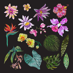 Stitch embroidery tropical flowers and leaves. - 506906237