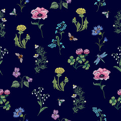 Embroidery florall seamless pattern with wild flowers, bees, dragonflies and flies. - 506906239