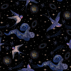 Embroidery seamless pattern with swallows and starry sky. - 506906240