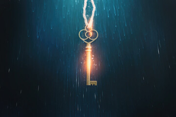 Golden key with glowing lights and dark background, wisdom, wealth, and spiritual concept - obrazy, fototapety, plakaty