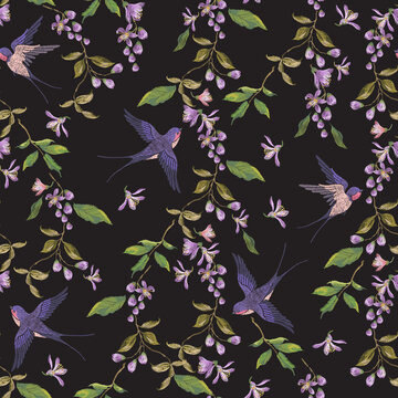 Embroidery oriental floral seamless pattern with swallows and  lilac blossom.