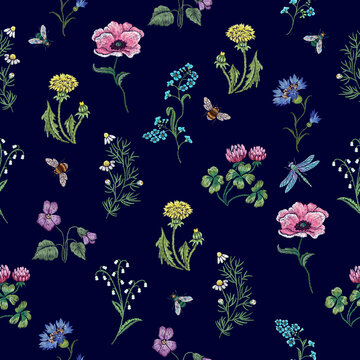 Embroidery florall seamless pattern with wild flowers, bees, dragonflies and flies.