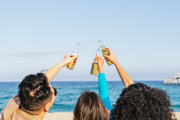 Unrecognizable friends proposing toast near sea