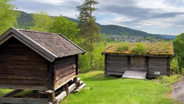 An old farmhouse near Heddal Stave Church in Norway. Heddal bygdetun, an open-door museum with old farm houses and changing exhibitions.