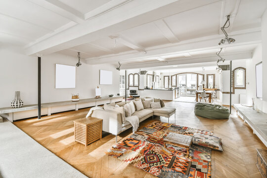 Spacious light living room with comfortable couch and ornamental rug on parquet floor