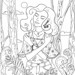 Beautiful curly girl in the forest. Forest with ferns and trees. Print for notebooks, clothes. Illustration for coloring, packaging. Square format. Sketch, line art, outline. On a white background.