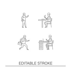 Back to work line icons set. Comfortable workplace for employees. Modern professions. Business concepts. Isolated vector illustrations. Editable stroke