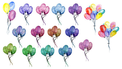 Watercolor balloons isolated on white background, colorful birthday party bunch balloons