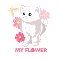 A charming cute white kitty with big eyes stands in pink flowers and butterflies