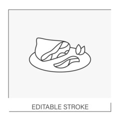  Parma ham line icon. Traditional Italian dishes. Smoked pork meat sandwich served on plate. Food for cafes and restaurants. National dishes concept. Isolated vector illustration. Editable stroke