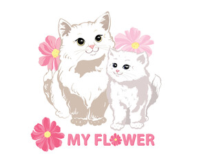 Two charming cute white kitties with big eyes stands in pink flowers