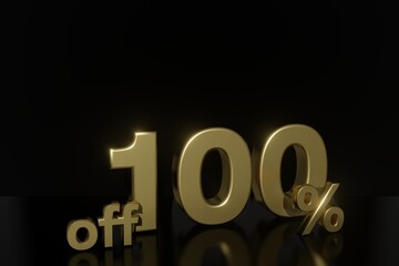 100 percent off 3D illustration in gold with black background and copy space