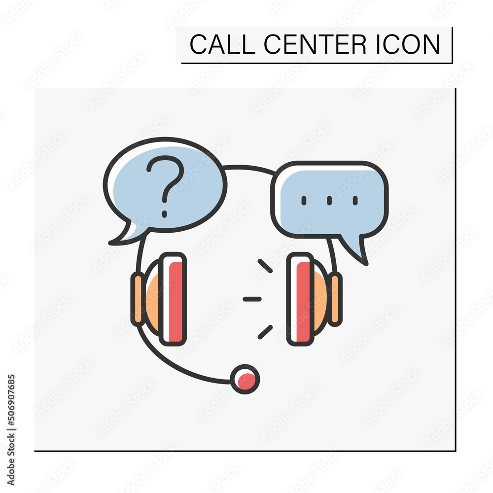 Poster communication color icon. client support hotline. headset for work. dialogue clouds. call center con