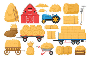 Cartoon haystack, agricultural hay heaps, hay in wheelbarrow and canvas bag. Cartoon farming haymow, fodder straw, tractor and wooden barn vector illustrations set. Agricultural rural haycock - obrazy, fototapety, plakaty