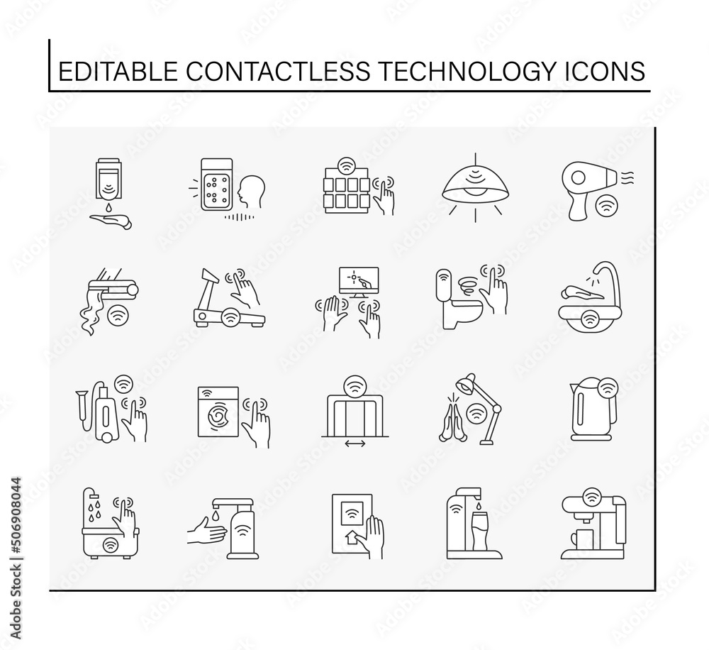 Aufkleber contactless technology line icons set. modern wireless devices for everyday using. wi-fi enabled mac