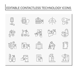 Contactless technology line icons set. Modern wireless devices for everyday using. Wi-fi enabled machines. Touchless device concept. Isolated vector illustrations. Editable stroke