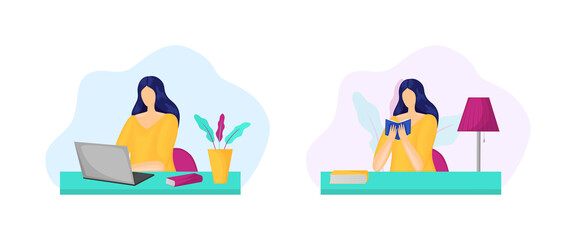 Woman is sitting at desk home office concept