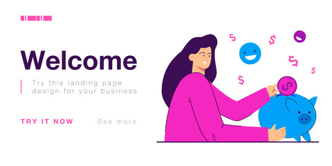 Smiling woman putting dollar coin in piggy bank. Mother saving money for family flat vector illustration. Family budget, savings, investment concept for banner, website design or landing web page