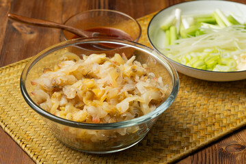 Northeast local specialty cold salad - scallion mixed with yellow clams