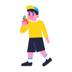 Happy boy character eating an apple Back to school Vector illustration