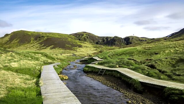 Hot river in Reykjadalur valley In Iceland near Reykjavik. Timelapse view.