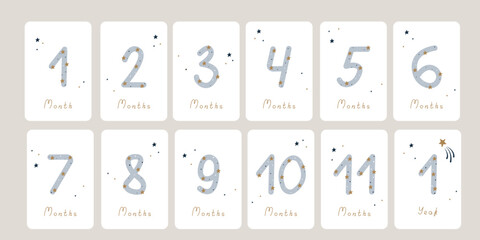 Cute set of monthly milestone cards. Baby postcards with numbers and stars for a newborn boy or girl. Print baby shower, baby's birthday. Kids collection of 1-11 months and 1 year. Nursery design