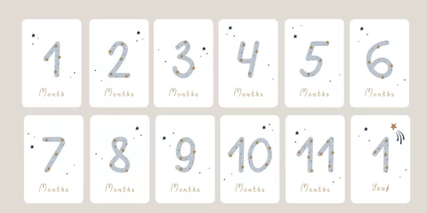 Foto op Plexiglas Cute set of monthly milestone cards. Baby postcards with numbers and stars for a newborn boy or girl. Print baby shower, baby's birthday. Kids collection of 1-11 months and 1 year. Nursery design © Ekaterina