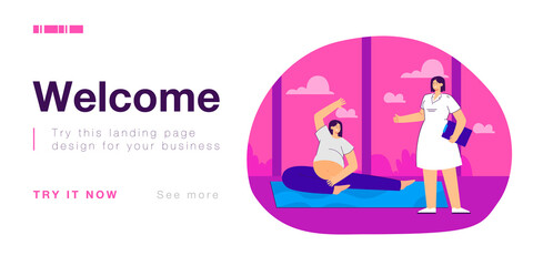 Pregnant woman doing yoga exercises under supervision of doctor. Nurse giving thumbs up to female with belly flat vector illustration. Pregnancy, health, fitness concept for banner or landing web page