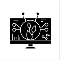 Obraz premium Smart farming glyph icon. Plant grow on computer screen with data connection. Crop health condition monitoring and harvesting.Filled flat sign. Isolated silhouette vector illustration