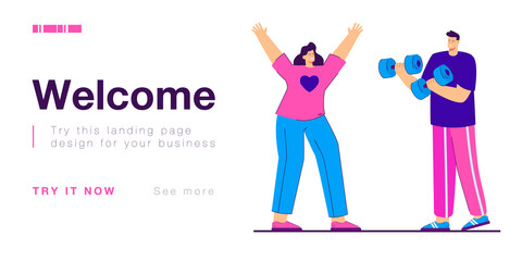 Young athletic couple training outdoors. Man and woman having sport activity flat vector illustration. Healthy lifestyle, exercising, leisure time concept for banner, website design, landing web page