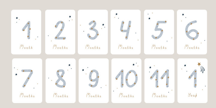 Cute set of monthly milestone cards. Baby postcards with numbers and stars for a newborn boy or girl. Print baby shower, baby's birthday. Kids collection of 1-11 months and 1 year. Nursery design