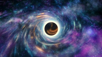 Many stars and galaxies with nebulae revolve around a giant black hole that swallows everything around it.