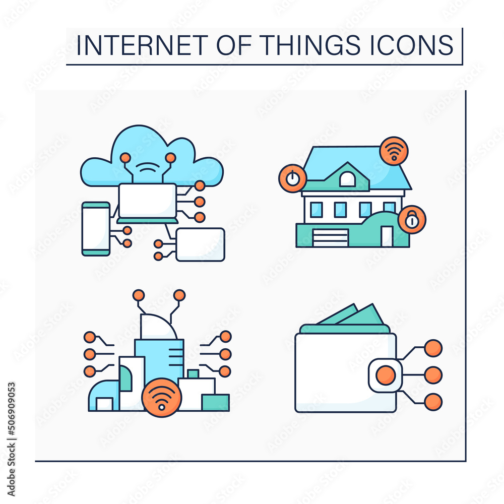 Poster internet of things color icons set. smart home and city, digital wallet. internet smart technologies