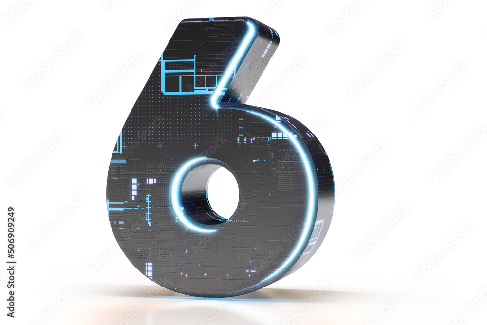 Poster Tech 3D typography digit number 6. Suitable for technology, electronics, engineering, digital, gaming, sci-fi and robotic concepts. High quality 3D rendering.