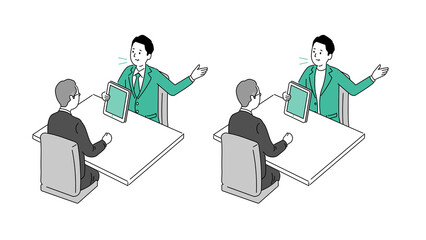 商談をする見た目の若い中年ビジネスマンとシニア男性のイラスト、アイソメトリック、ベクター