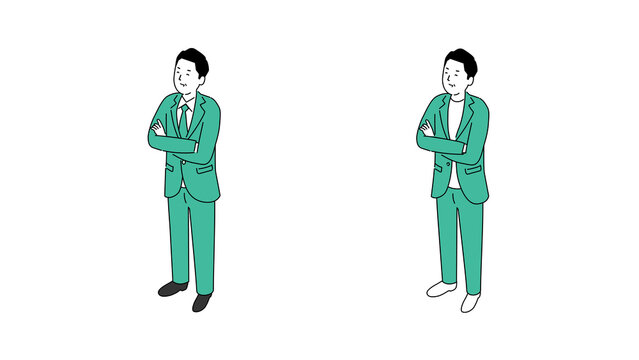 腕組みをする笑顔の中年男性のイラスト、スーツとビジネスカジュアル、アイソメトリック、ベクター