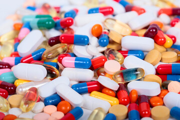 Medicine pills. Background made from colorful pills, tablets and capsules.