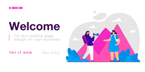 Woman taking picture of her friend on pyramids background. Two female characters travelling together flat vector illustration. Adventure, tourism concept for banner, website design or landing web page