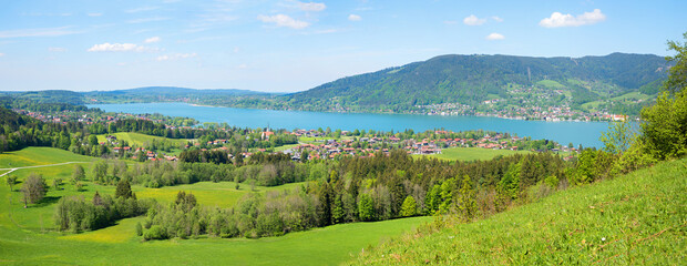 idyllic tourist resort Bad Wiessee and lake Tegernsee, view from lookout place Bucherhang. spring...