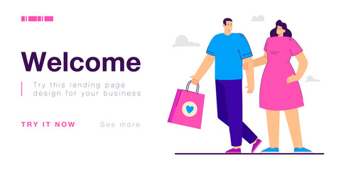 Woman smiling to her husband who holding bag. Couple shopping or choosing gift flat vector illustration. Shopping, family, holiday, entertainment concept for banner, website design, landing web page
