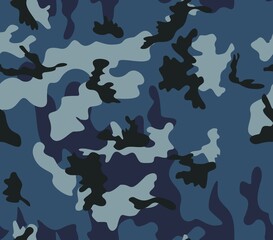 Blue camouflage background vector image seamless pattern, military print.