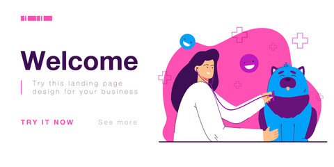 Veterinary surgeon examining cute dog at clinic. Domestic animal having checkup appointment flat vector illustration. Pet health care and medical concept for banner, website design, landing web page