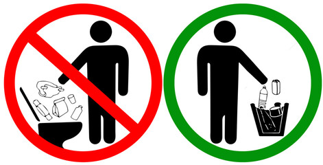 Do not litter in toilet icon use wastebasket instead. Keep clean sign. No to throw garbage into toilet in prohibition warning caution red circle isolated on white background.
