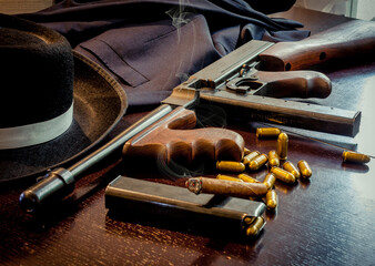 Tommy machine gun with hat and cigare