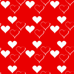 Valentine's day design. Vector seamless white hearts with contour reflection on a red background. Cute illustrations. Design for fabric, clothing, wrapping paper, packaging. Vector illustration