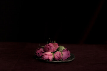 Pink Dried Rose Buds in A Pewter Tankard