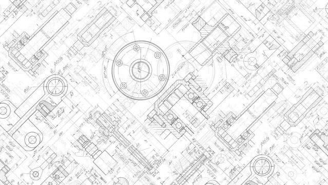 Technical drawing background .Mechanical Engineering background .Technology Banner.Video animation HD 4K .	