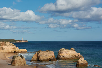 Beautiful view of the Three Castles beach (Praia dos Tres Castelos) in Algarve, Portugal
