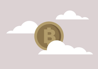 Fototapeta A golden bitcoin in the sky surrounded with clouds, a crypto currency instant success myth obraz