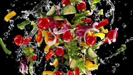 Freeze motion of flying salad with splashing water.